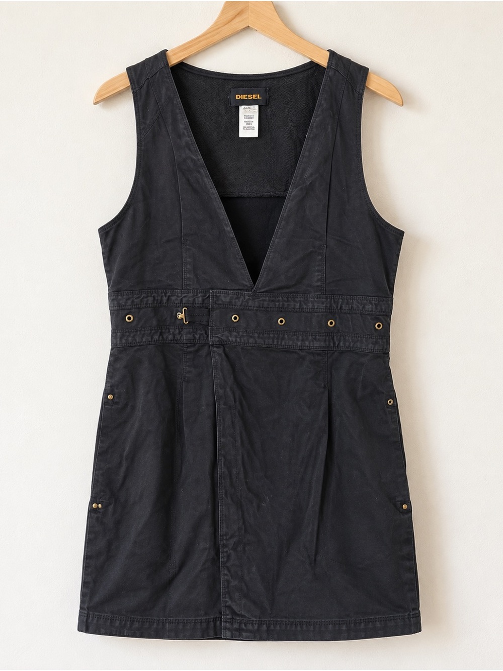 Vintage Y2K Diesel Black Utility Mini Dress Size L Deep V Grommet Detail